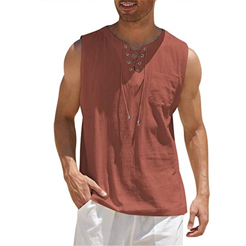 New Men's Sleeveless Shirt Lace-Up Cotton And Linen Short Sleeve T-Shirt